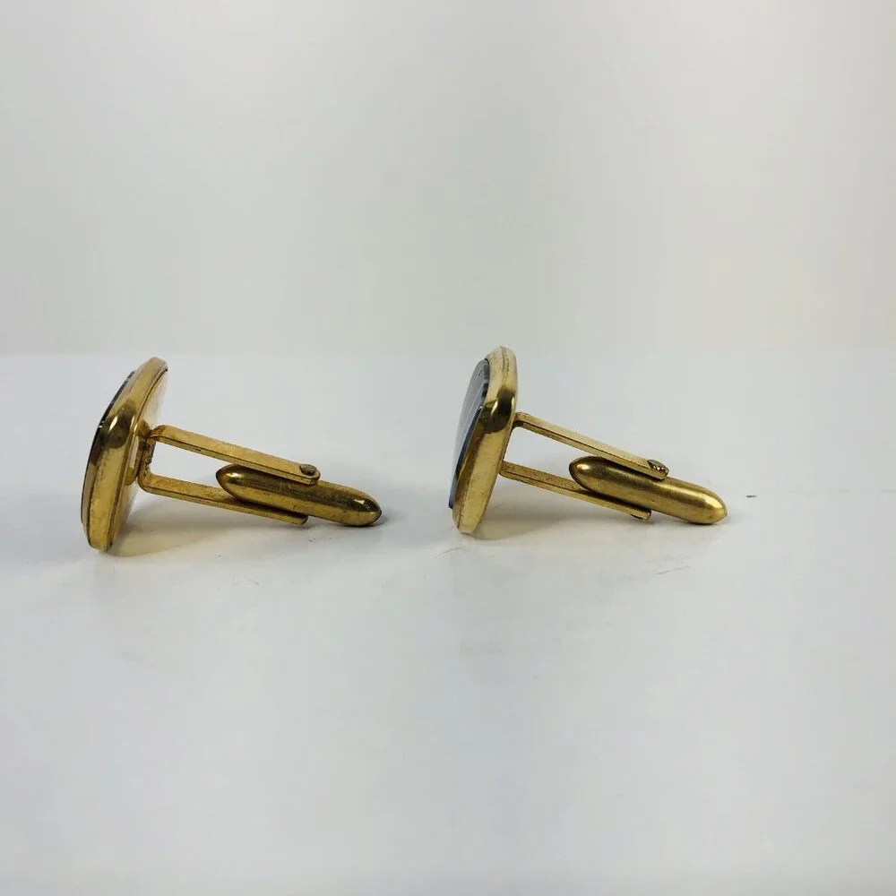 Vtg 80s Mens Fashion Cufflinks 14K G.F. Gold Stripped Black Gray Quiet Luxury